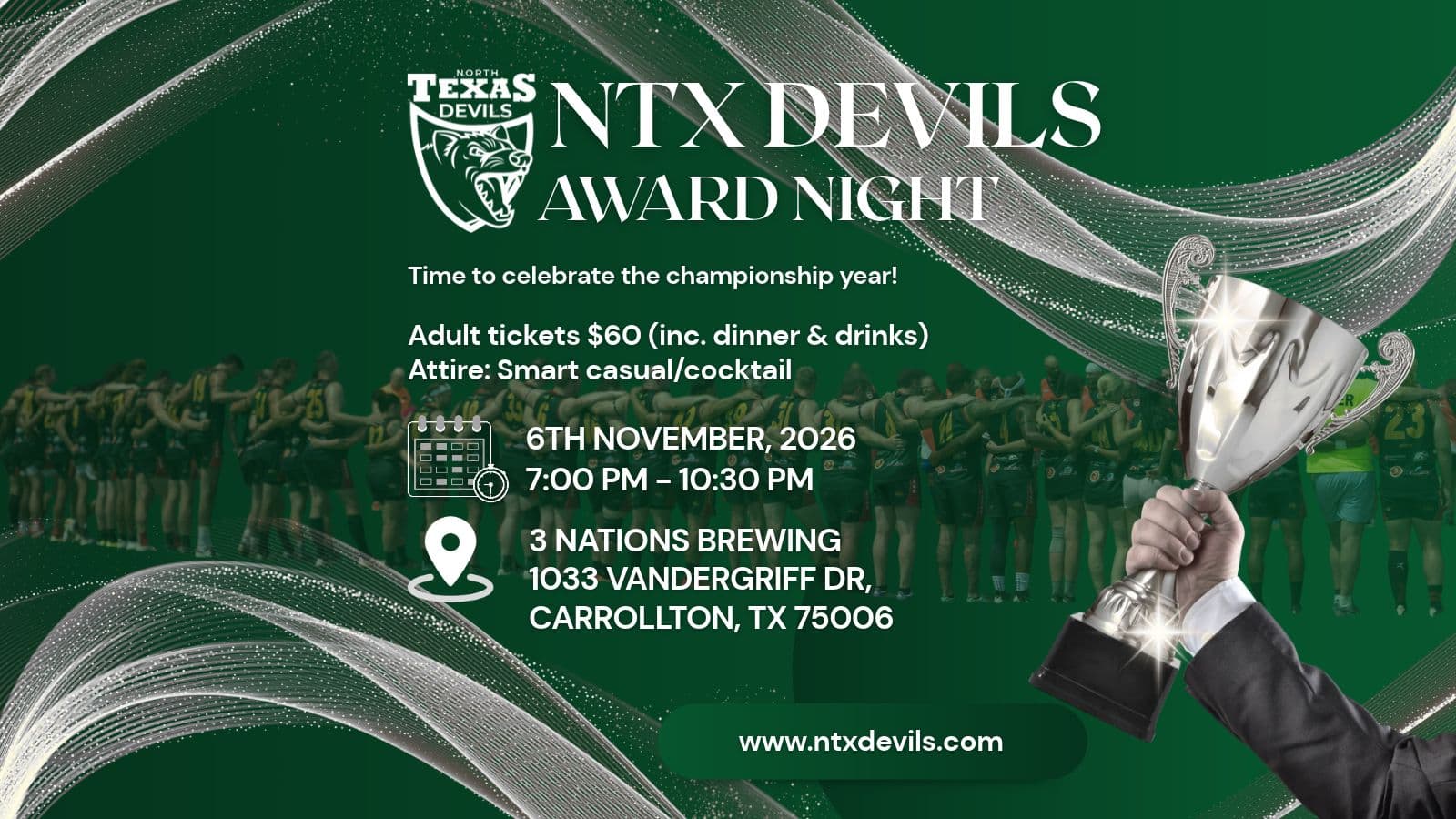 NTX Devils Award Night - 6th November 2026, 7:00 PM - 10:30 PM, 3 Nations Brewing, 1033 Vandergriff Dr, Carrollton, TX 75006